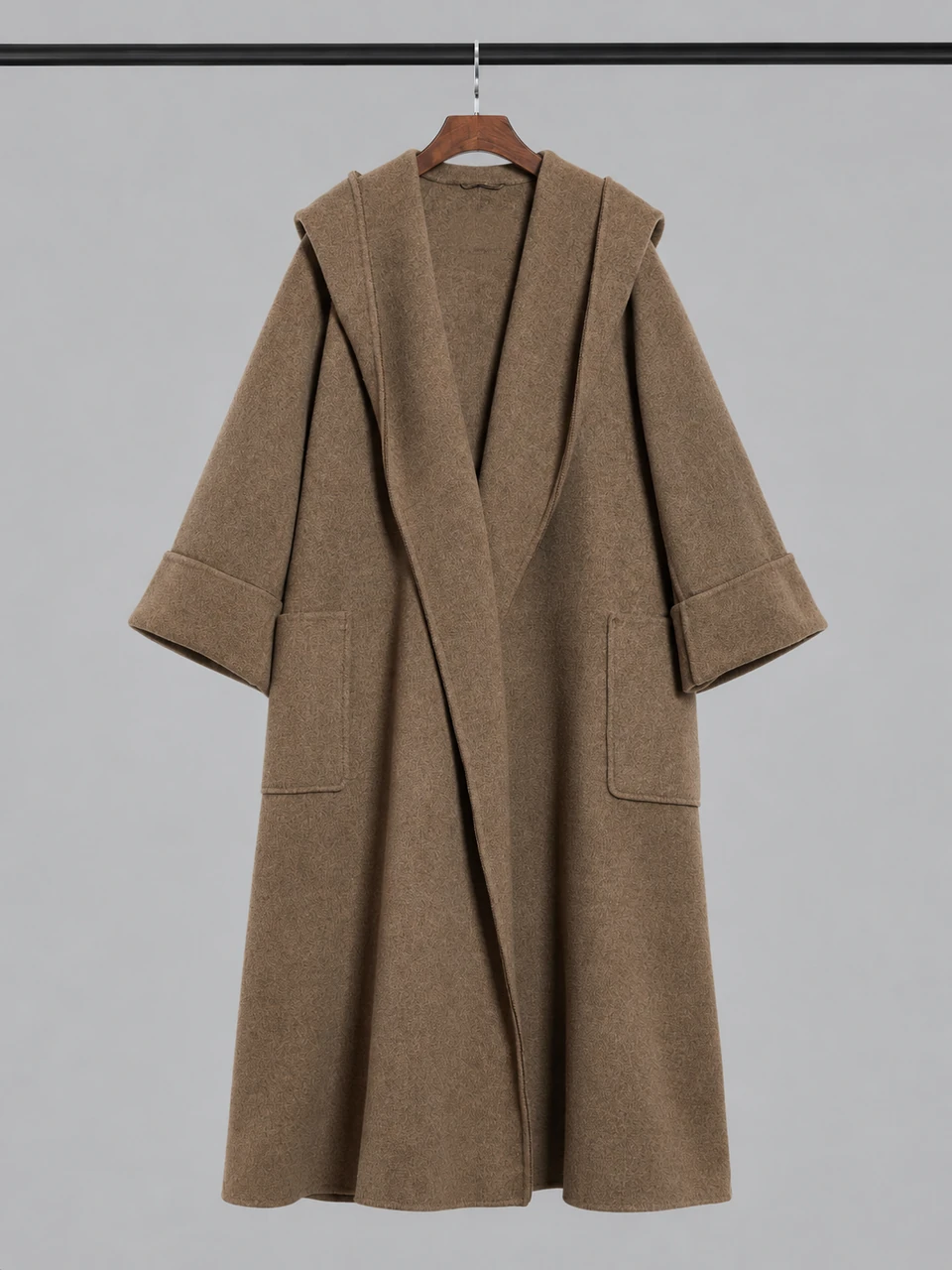 TINGSU style 2607, brown open-front coat with patch pockets, garment reference