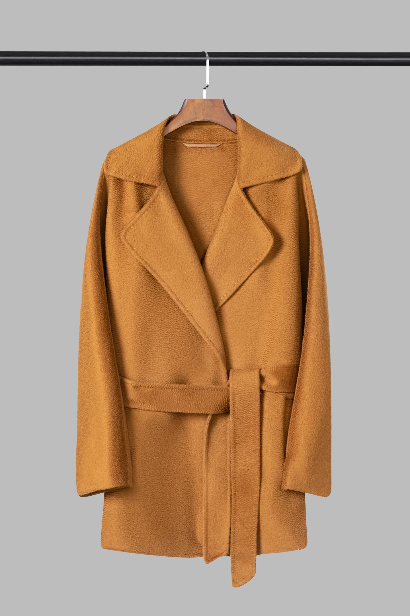 TINGSU style 2608, short belted wrap coat, caramel photograph