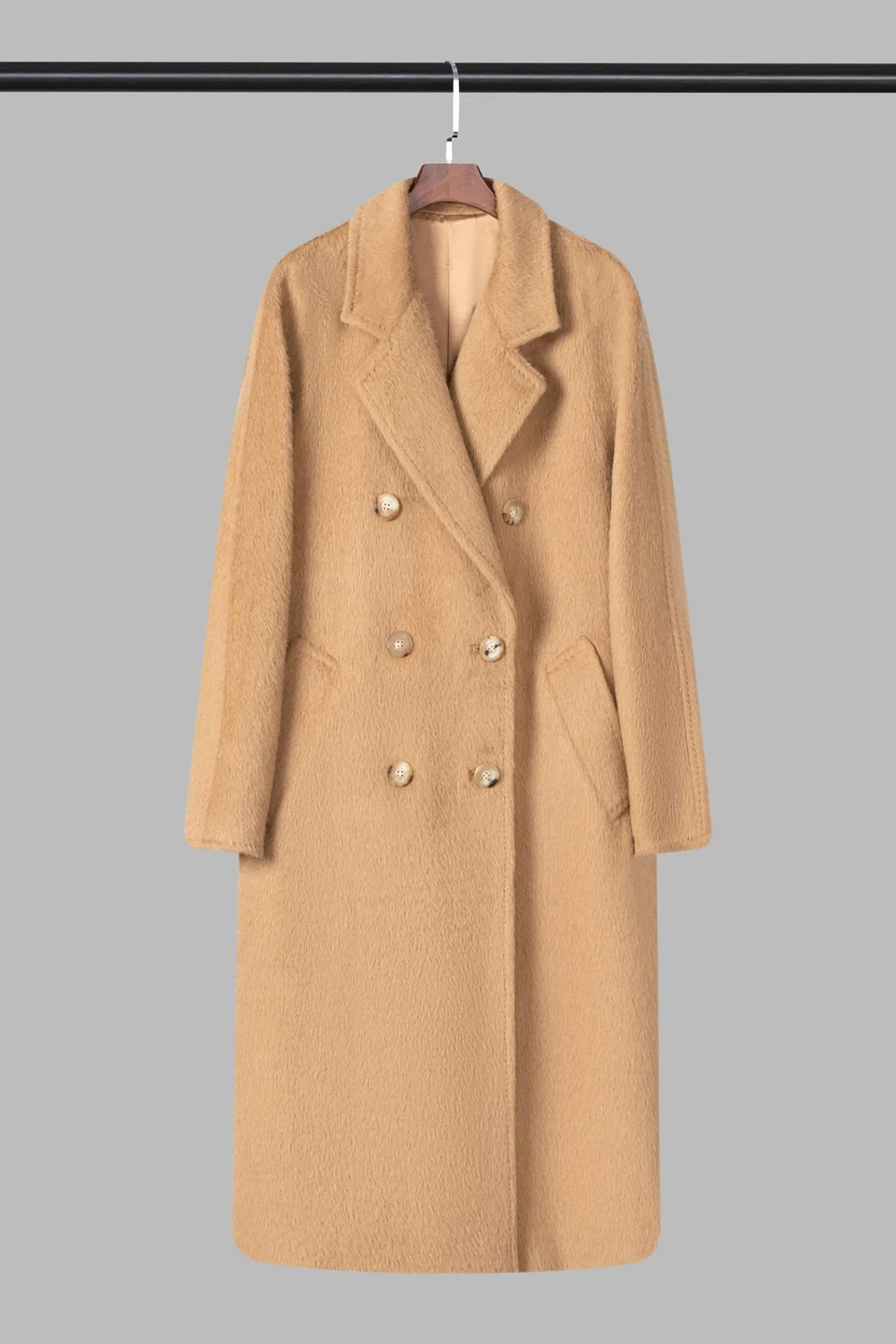 TINGSU style 2612, double-breasted long coat, camel photograph